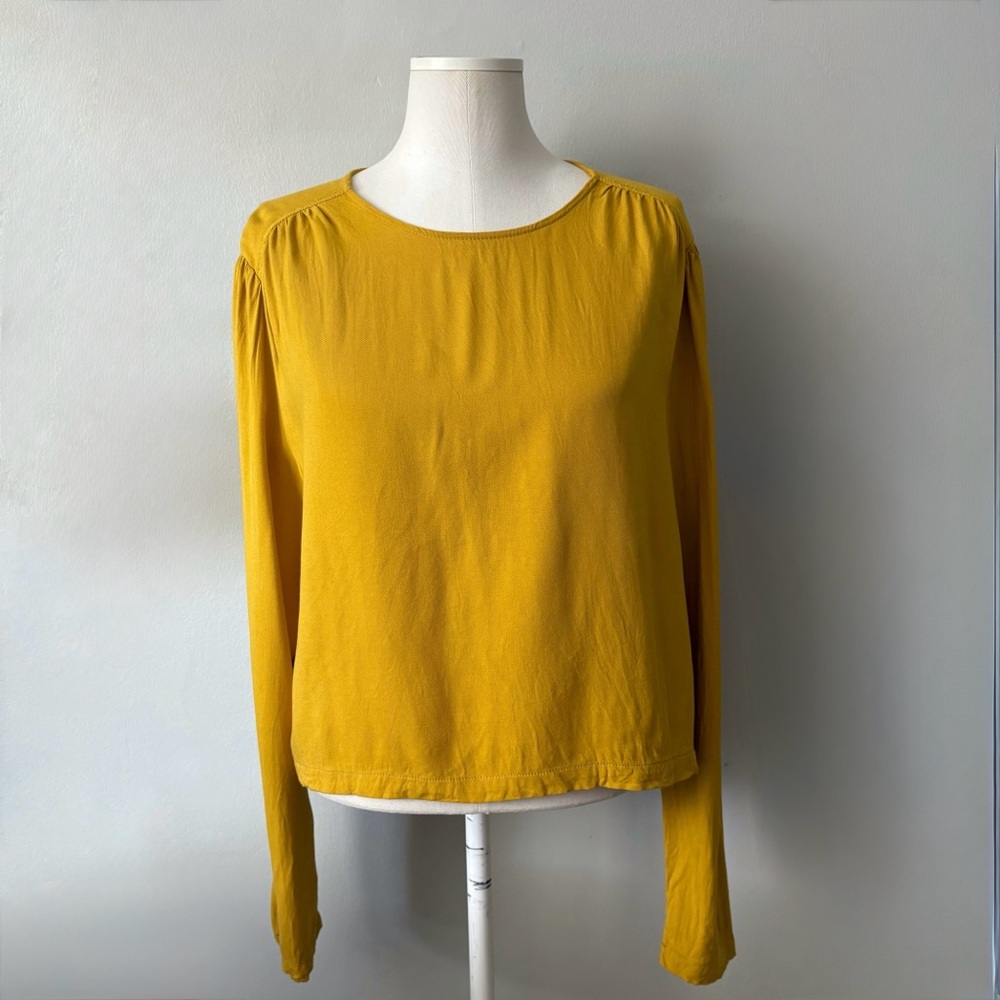 Oak + Fort Mustard Yellow Blouse Size L Flowy Relaxed Minimalist Long Sleeve Top